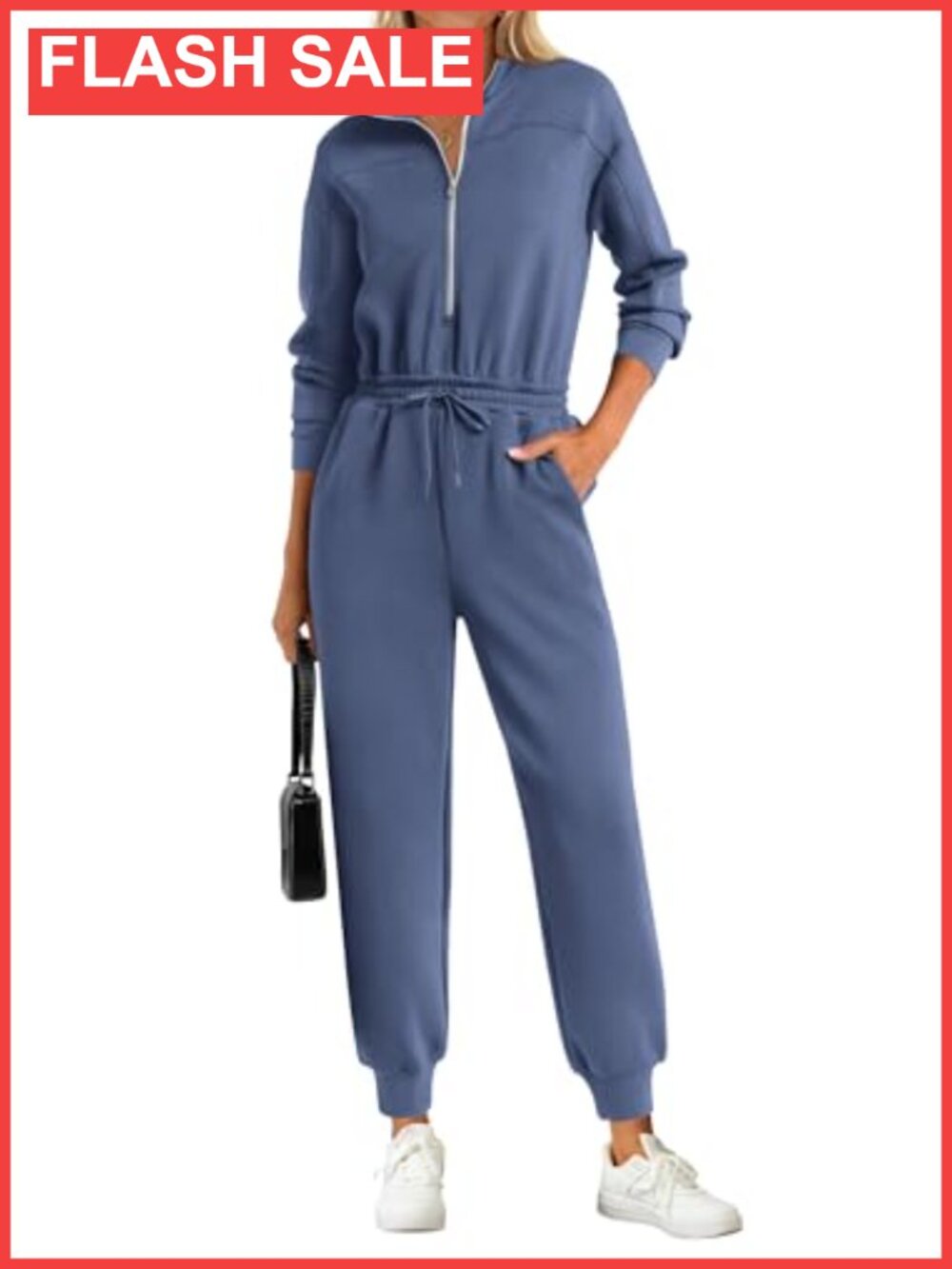 Long Sleeve Half-Zip Jumpsuit with Pockets
